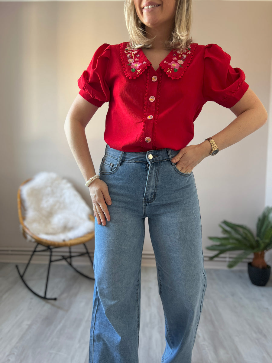 LA BLOUSE COL CLAUDINE ROUGE