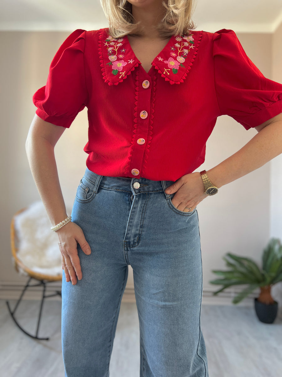 LA BLOUSE COL CLAUDINE ROUGE