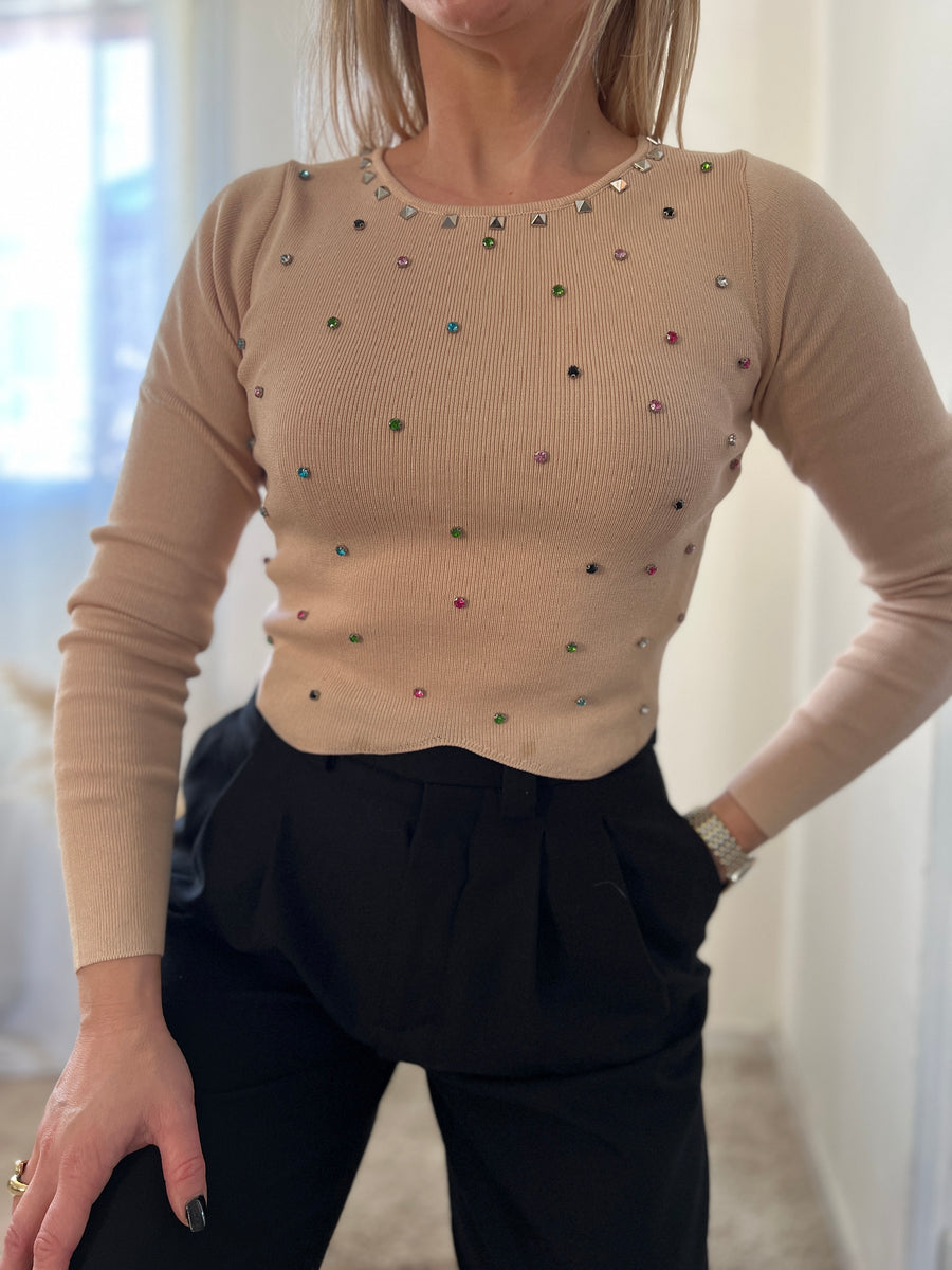 LE PULL COURT STRASS BEIGE