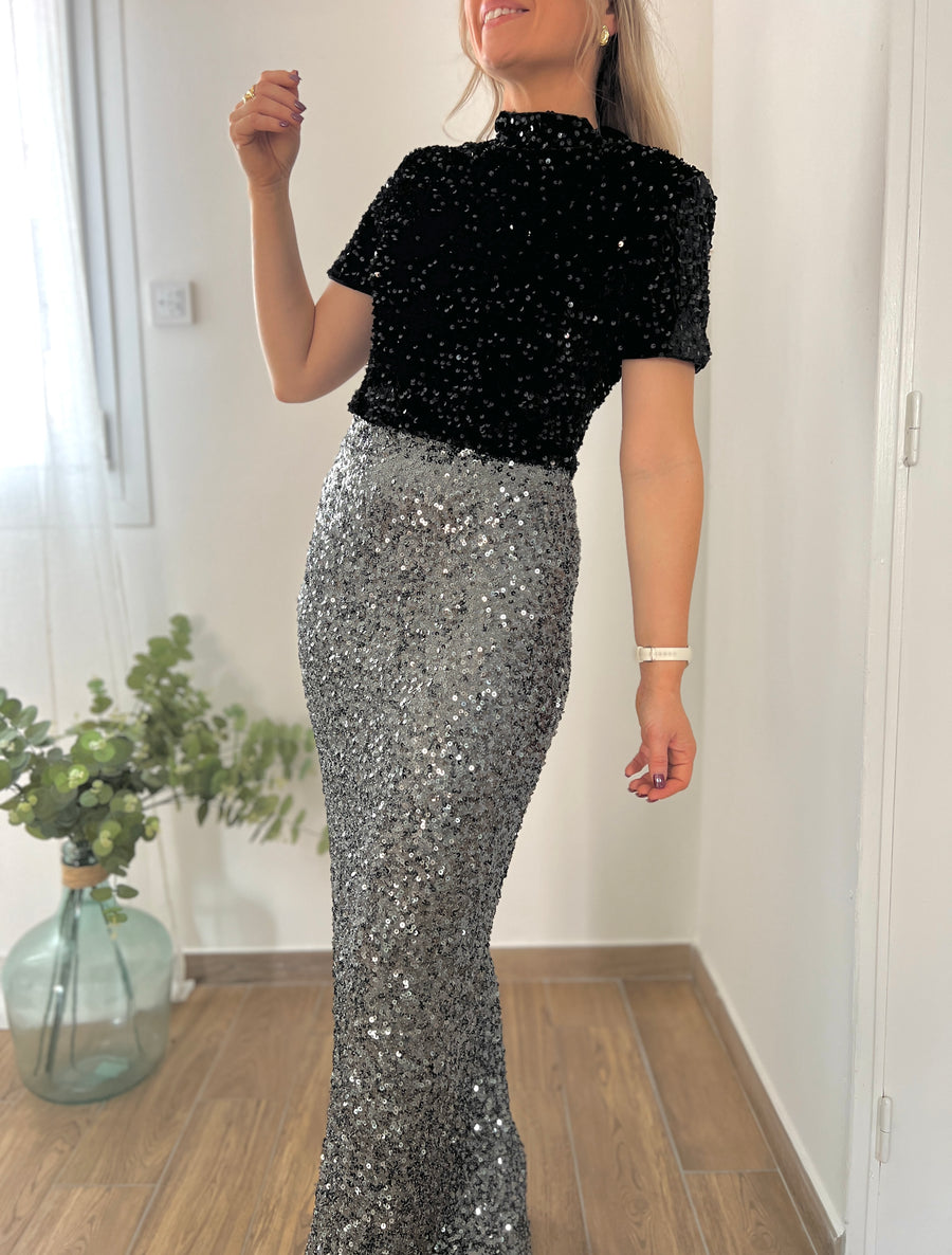 LA JUPE LONGUE SEQUINS GRIS