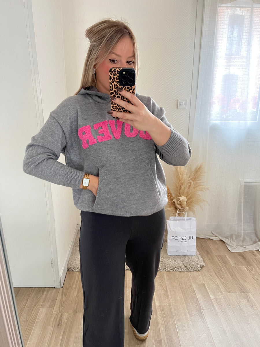 LE PULL À CAPUCHE LOVER GRIS ET ROSE