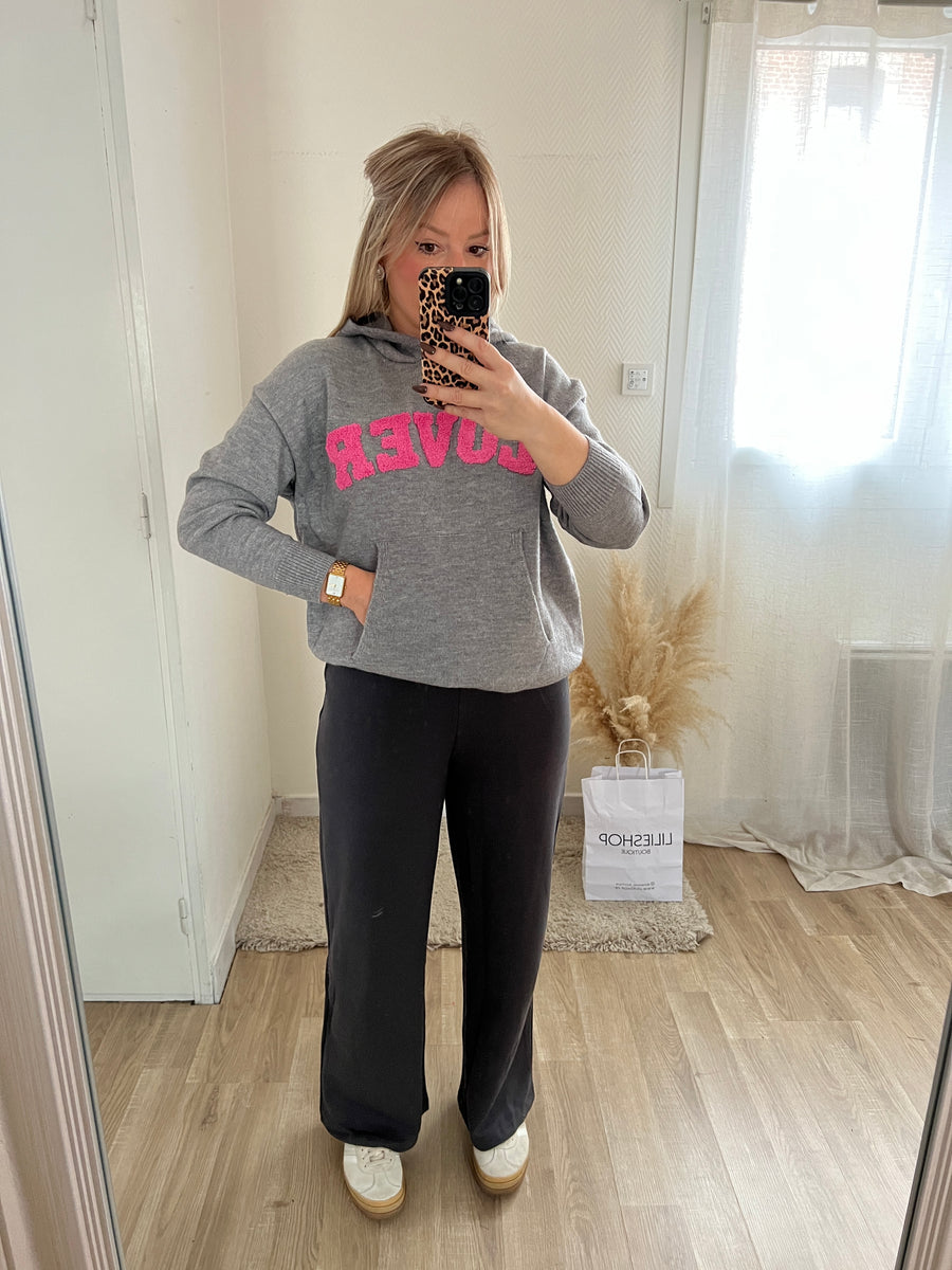 LE PULL À CAPUCHE LOVER GRIS ET ROSE