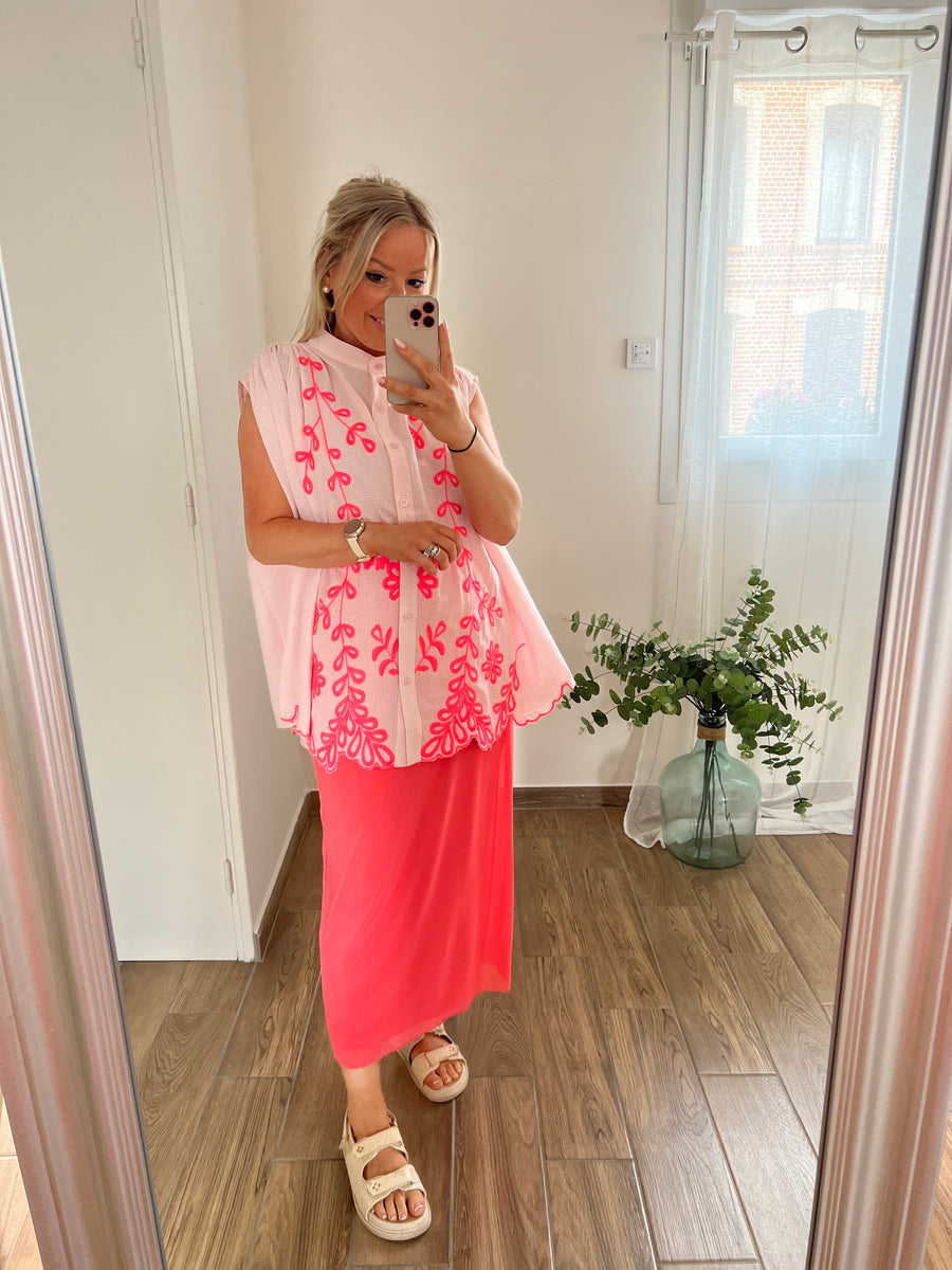 LA JUPE SATIN ROSE FLUO