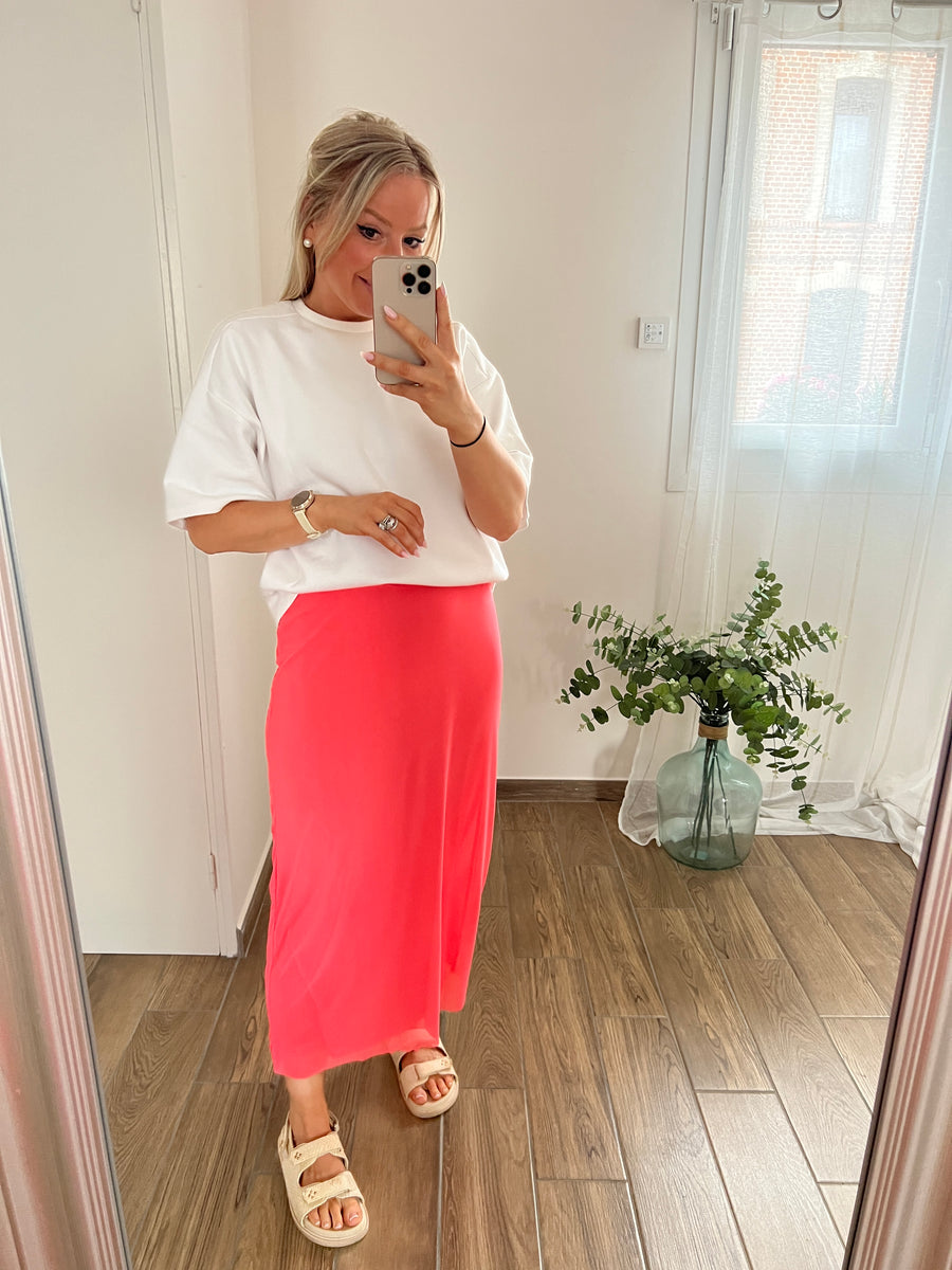 LA JUPE SATIN ROSE FLUO